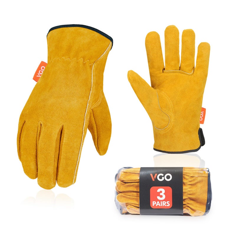Vgo... 3-Pairs Unlined Cowhide Split Leather Work and Driver Gloves, for Heavy Duty, Truck Driving, Warehouse, Gardening, Farm (Size M, Gold, CB9501) - Image 1